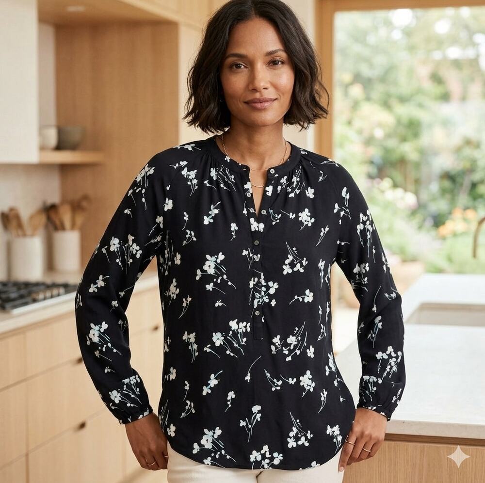 J.Crew Drapey Floral Long Sleeve Popover Shirt Blouse Black Size XS